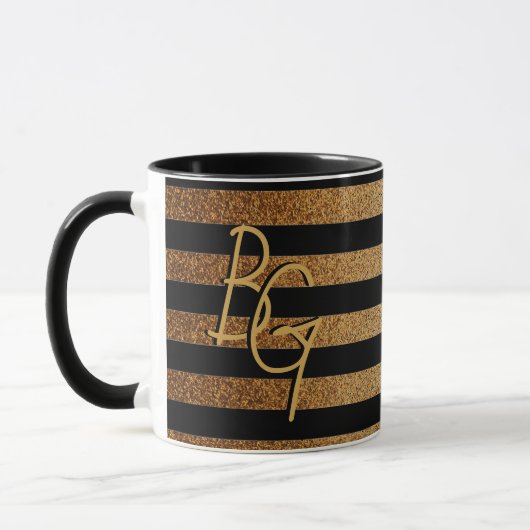 Elegant Black Gold Glitter Stripe Monogram op maat Mok (Links)