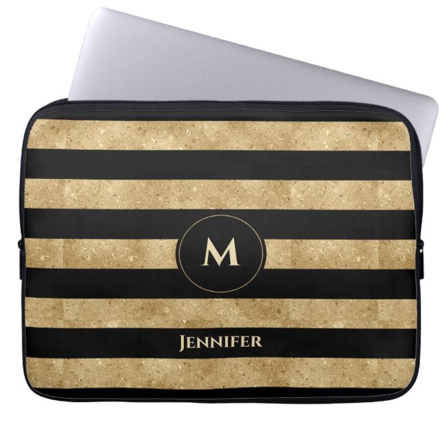 Elegant Black Gold Glitter Striped Monogram Laptop Sleeve (Voorkant)