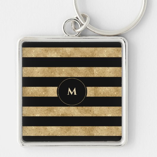 Elegant Black Gold Glitter Striped Monogram Sleutelhanger (Voorkant)