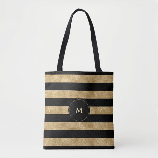 Elegant Black Gold Glitter Striped Monogram Tote Bag (Voorkant)