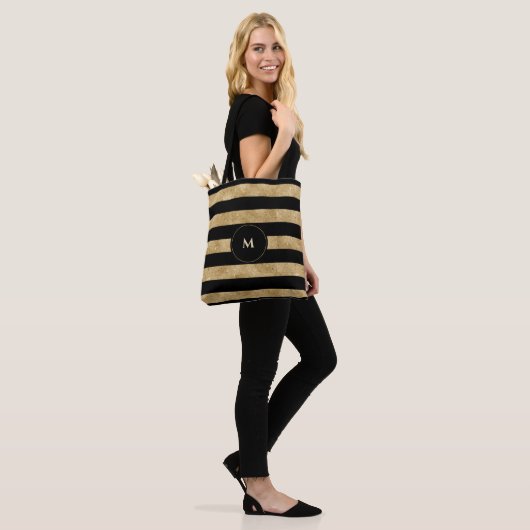 Elegant Black Gold Glitter Striped Monogram Tote Bag (Op model)