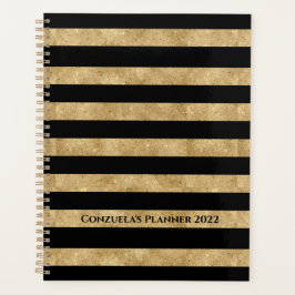 Elegant Black Gold Glitter Striped Planner