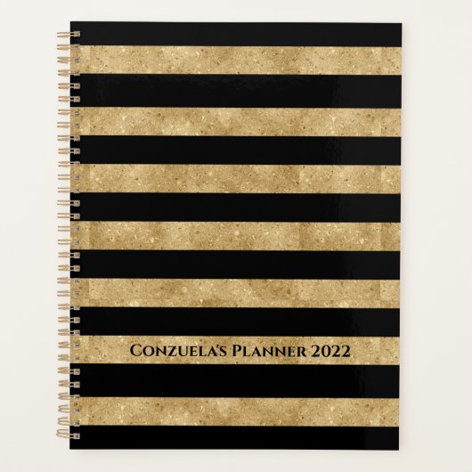 Elegant Black Gold Glitter Striped Planner (Voorkant)