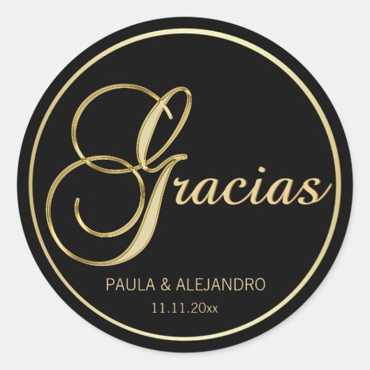 Elegant Black Gold GRACIAS Wedding Envelope Ronde Sticker (Voorkant)