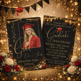 Elegant Black & Gold Graduation Invitation Kaart