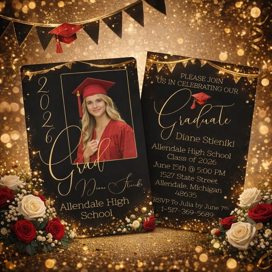 Elegant Black & Gold Graduation Invitation  Kaart