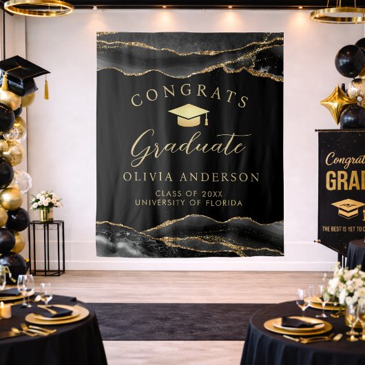 Elegant Black & Gold Graduation Party Backdrop Wandkleed