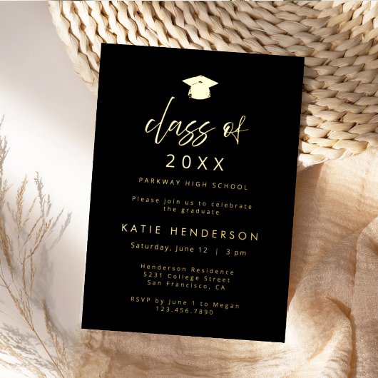 Elegant Black & Gold Graduation Party Invitation Folie Feestdagenkaart