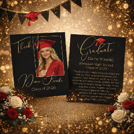 Elegant Black & Gold Graduation Thank You Card Bedankkaart