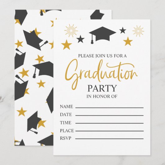 Elegant Black Gold Graduparty-uitnodiging Aankondiging (Voorkant / Achterkant)