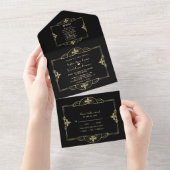 Elegant Black Gold Great Gatsby Art Deco Wedding All In One Uitnodiging (Afscheurbaar)