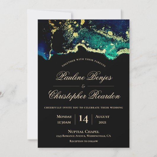 Elegant Black Gold Green Wedding Invitation Kaart (Voorkant)
