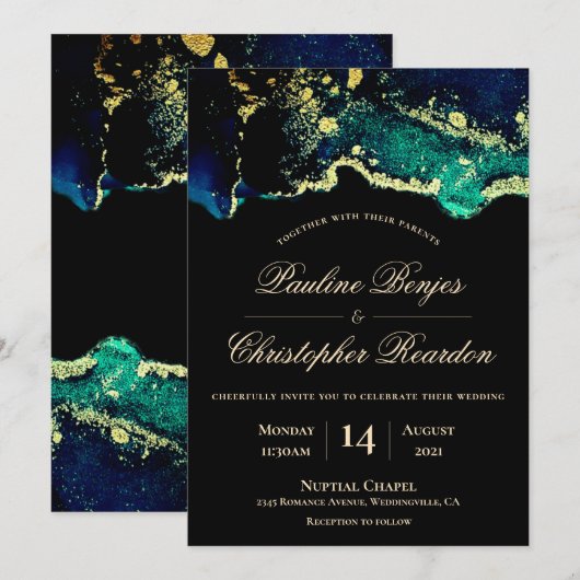 Elegant Black Gold Green Wedding Invitation Kaart (Voorkant / Achterkant)