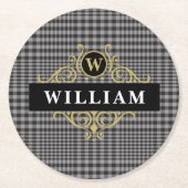 Elegant Black Gold Grey Glen Pset Monogram Ronde Kartonnen Onderzetter (Voorkant)