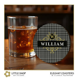 Elegant Black Gold Grey Glen Pset Monogram Ronde Kartonnen Onderzetter