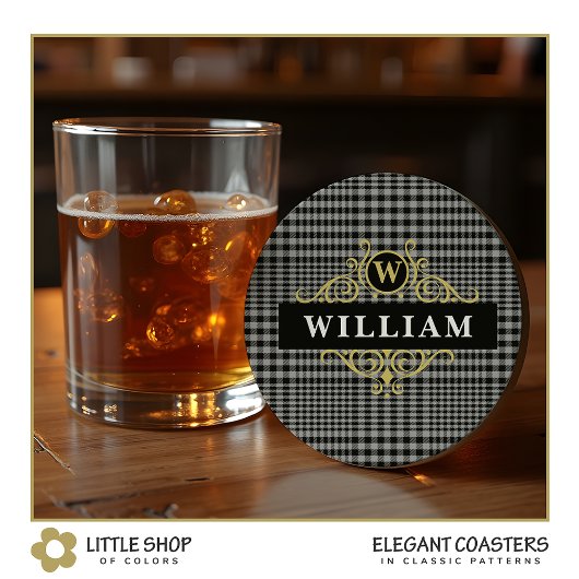 Elegant Black Gold Grey Glen Pset Monogram Ronde Kartonnen Onderzetter