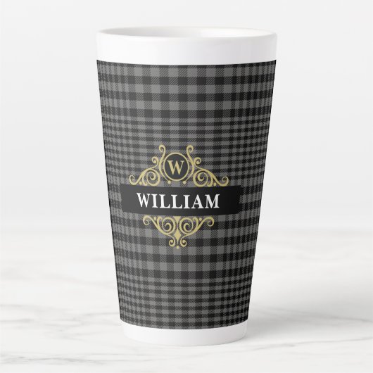 Elegant Black Gold Grey Pset Monogram Latte Mok (Voorkant)