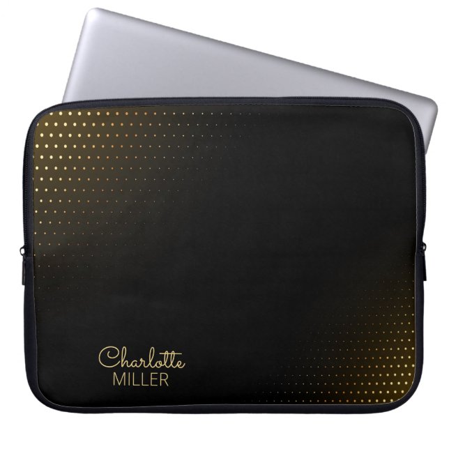 Elegant Black-Gold Halftone met aangepaste naam Laptop Sleeve (Voorkant)