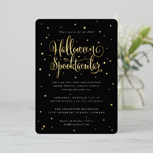 Elegant Black/Gold Halloween Spooktacular + sterre Folie Uitnodiging (Staand Voorkant)