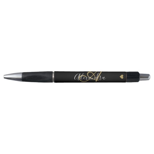 Elegant Black Gold Heart Script Name Monogram Blac Pen (Voorkant)
