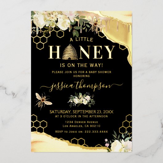Elegant Black Gold Honey Bee Baby shower Folie Uitnodiging (Voorkant)