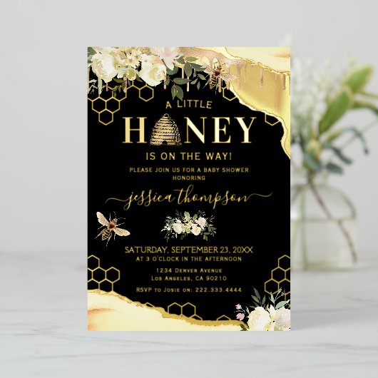 Elegant Black Gold Honey Bee Baby shower Folie Uitnodiging (Staand Voorkant)