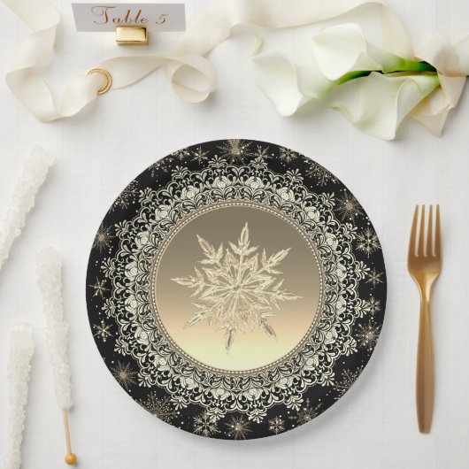 Elegant Black & Gold Ice Crystal Snowflake Papieren Bordje (Huwelijk)