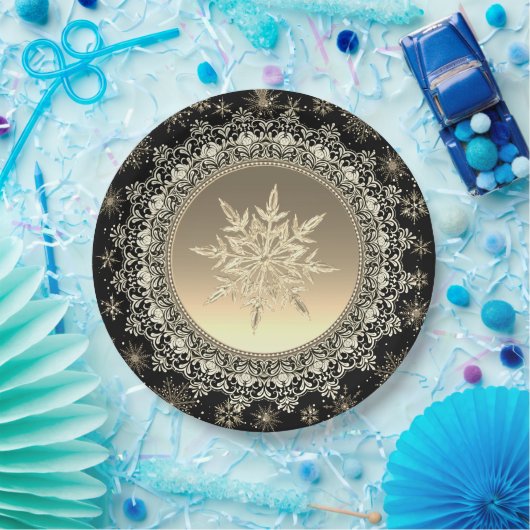 Elegant Black & Gold Ice Crystal Snowflake Papieren Bordje (Feest)