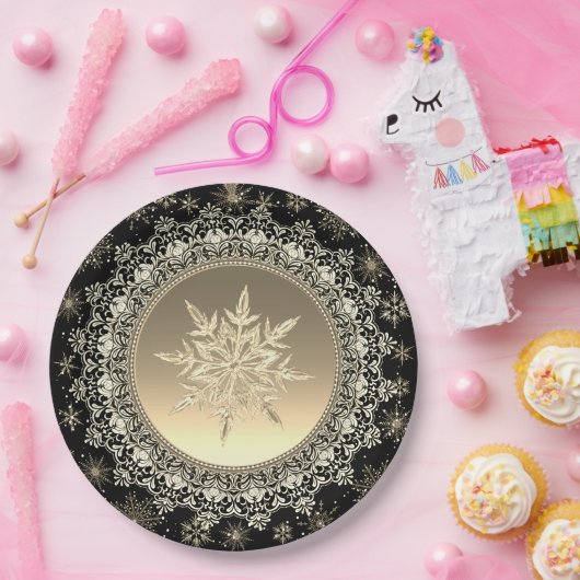 Elegant Black & Gold Ice Crystal Snowflake Papieren Bordje (Feest)