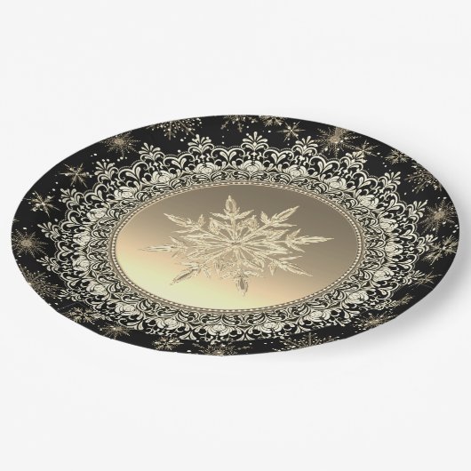 Elegant Black & Gold Ice Crystal Snowflake Papieren Bordje (Gekanteld)