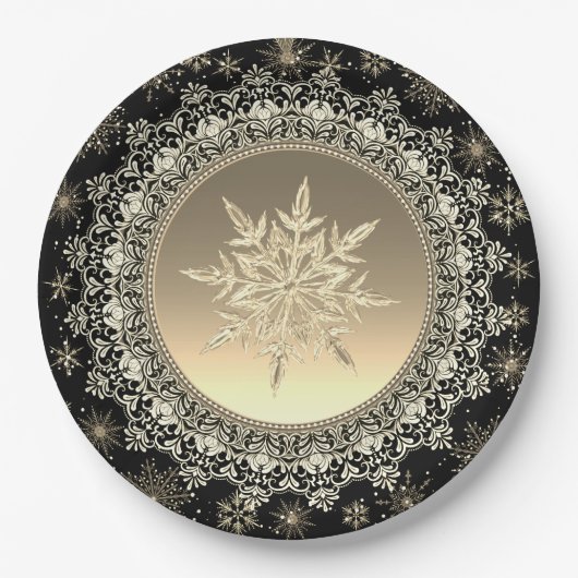 Elegant Black & Gold Ice Crystal Snowflake Papieren Bordje (Voorkant)