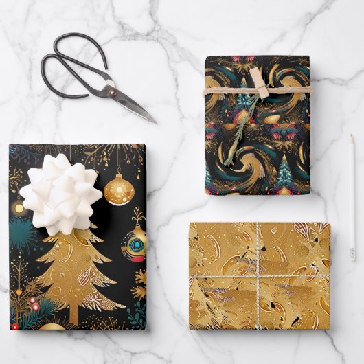 Elegant Black & Gold Kerstmis Inpakpapier Vel (Voorkant)