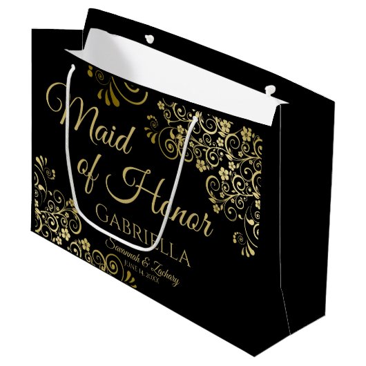 Elegant Black & Gold Lace Maid of Honor Wedding Groot Cadeauzakje (Voorkant Gekanteld)