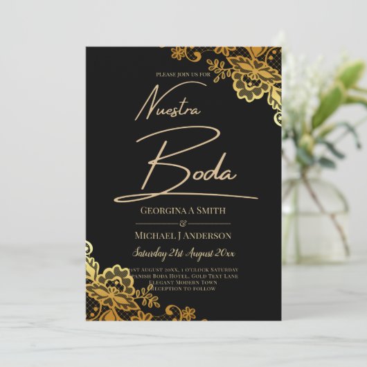 Elegant Black Gold Lace Modern Wedding Kaart (Staand voorkant)