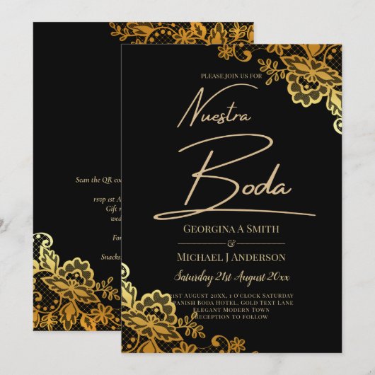 Elegant Black Gold Lace Modern Wedding Kaart (Voorkant / Achterkant)