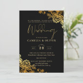 Elegant Black Gold Lace Modern Wedding Kaart (Staand voorkant)