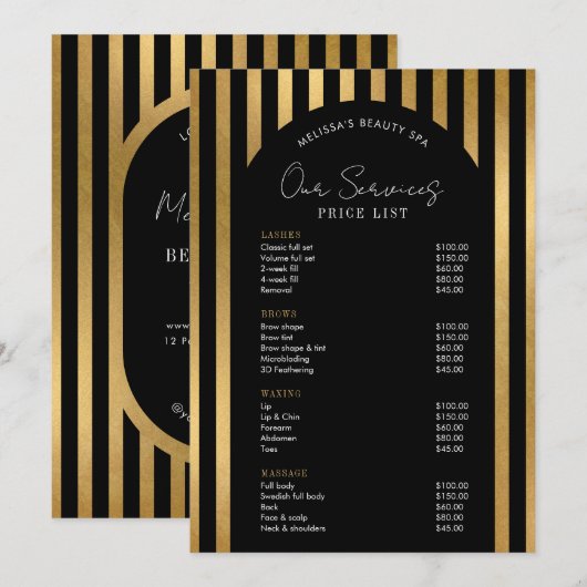 Elegant Black & Gold Lashes Hair Spa Price List (Voorkant / Achterkant)