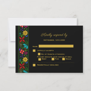 Elegant Black Gold Latijns-Amerikaanse Floral Wedd RSVP Kaartje
