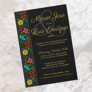 Elegant Black Gold Latin Folk Floral Wedding Kaart