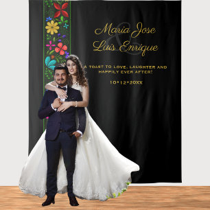 Elegant Black Gold Latin Folk Floral Wedding Wandkleed