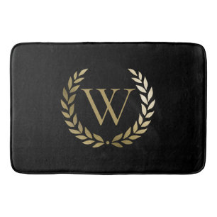 Elegant Black Gold Laurel Wreater Monogram Badmat