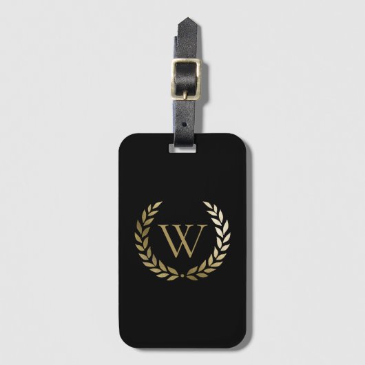 Elegant Black Gold Laurel Wreater Monogram Bagagelabel (Voorkant (verticaal))