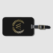 Elegant Black Gold Laurel Wreater Monogram Bagagelabel (Voorkant (horizontaal))