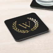 Elegant Black Gold Laurel Wreater Monogram Bier Onderzetter (Linkerzijde)