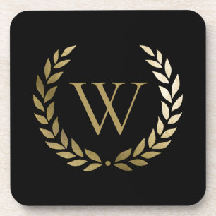 Elegant Black Gold Laurel Wreater Monogram Bier Onderzetter