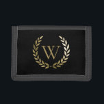 Elegant Black Gold Laurel Wreater Monogram Drievoud Portemonnee<br><div class="desc">deze elegante portemonnee bevat uw monogram in faux gold omgeven door een corresponderende goudlaurel op een zwarte achtergrond . De rug van het bagagelabel heeft een groef voor uw contactinformatie. Ontworpen door Susan Coffey.</div>