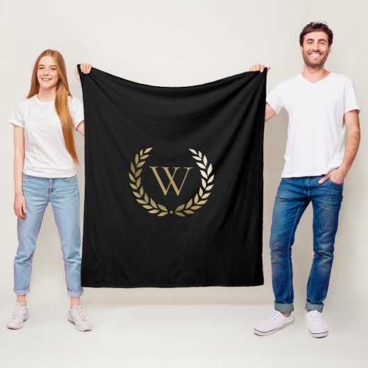 Elegant Black Gold Laurel Wreater Monogram Fleece Deken (In situ)