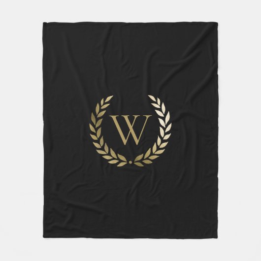 Elegant Black Gold Laurel Wreater Monogram Fleece Deken (Voorkant)