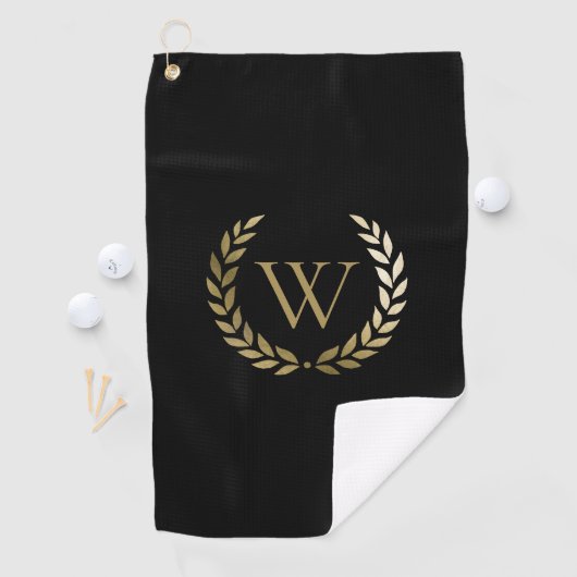 Elegant Black Gold Laurel Wreater Monogram Golfhanddoek (Insitu)