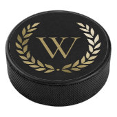 Elegant Black Gold Laurel Wreater Monogram Hockey Puck (3/4)